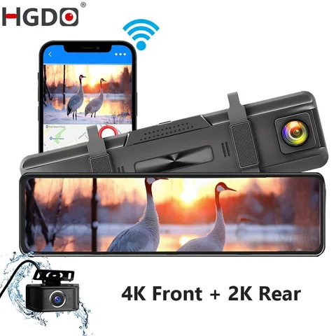 Видеорегистратор HGDO 4K и 2K для автомобиля, зеркальная камера 4K UHD, передний и задний видеорегистратор с креплением, GPS, Wi-Fi, голосовое управление, приложение для iOS/Android