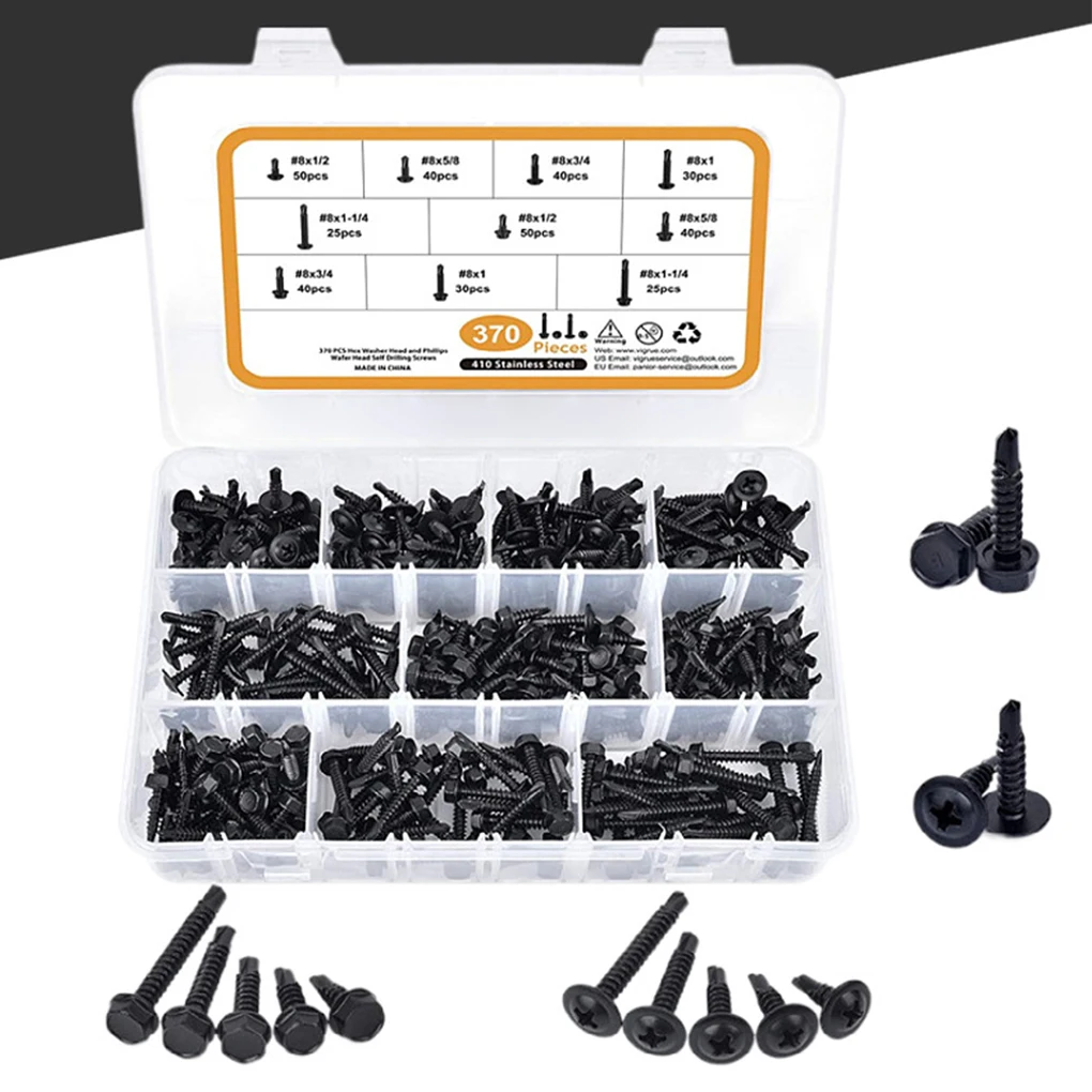 

370 Pieces Set 410 Stainless Steel Screw Portable Anti-rust Electroplated Self-drilling Tip Nonslip Screws Accessories