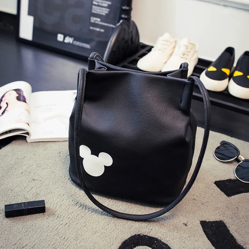 Disney Mickey Mouse Cartoon bucket bag Shoulder Shopper lady handbag women shopping Leisure PU Fashion Satchel