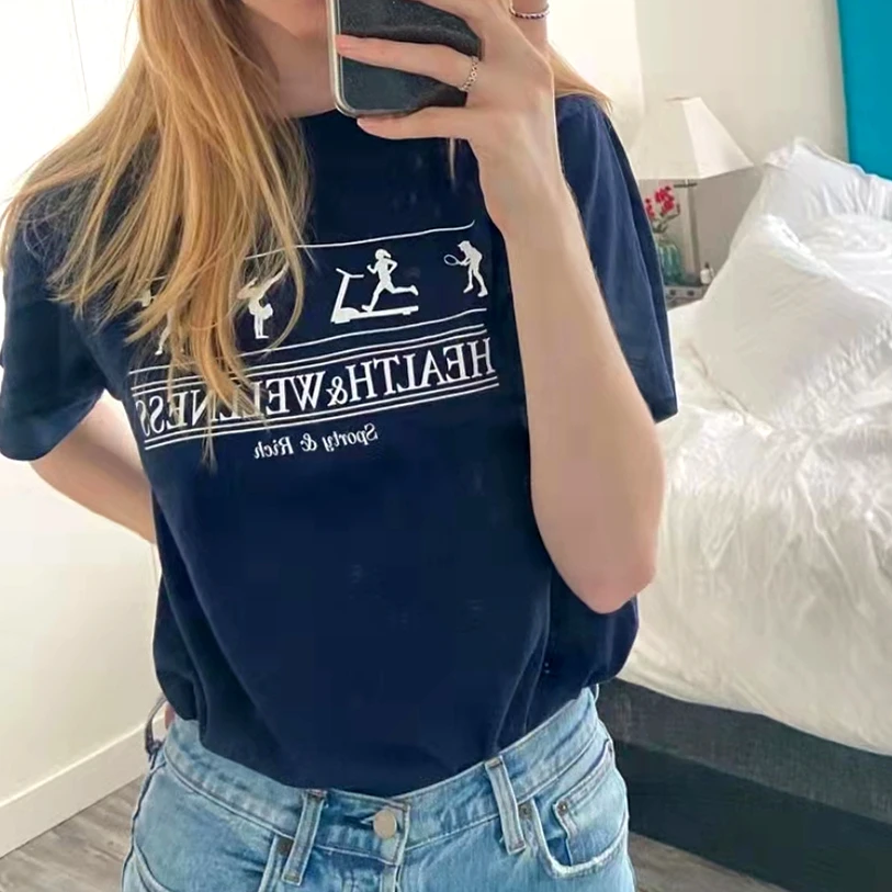 

2022 Summer Women Tops American Retro Running Print 240g Cotton Short Sleeve T-Shirt