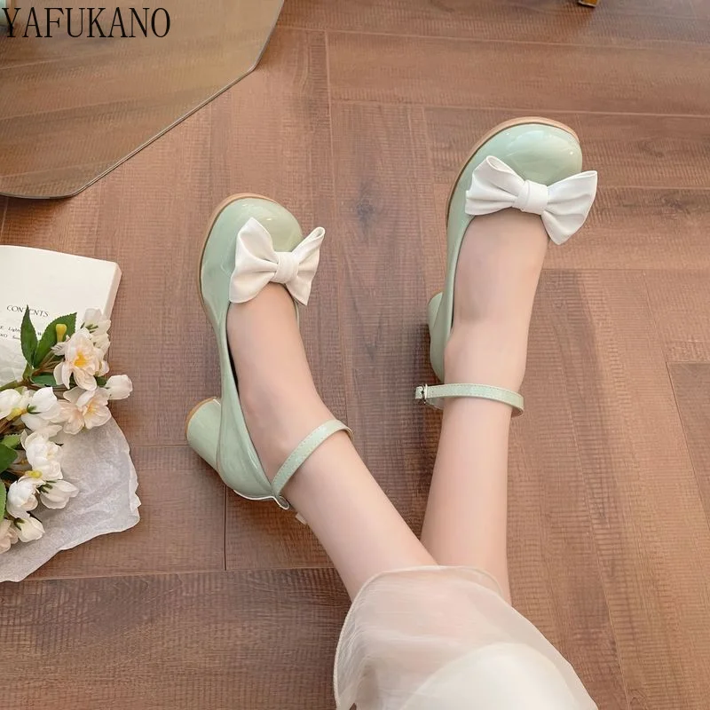 

Fashion Patent Leather Bow Knot High Heels Womens Mary Janes Single Shoes Small Leather Shoes Round Heel Sweet Ladies Pumps