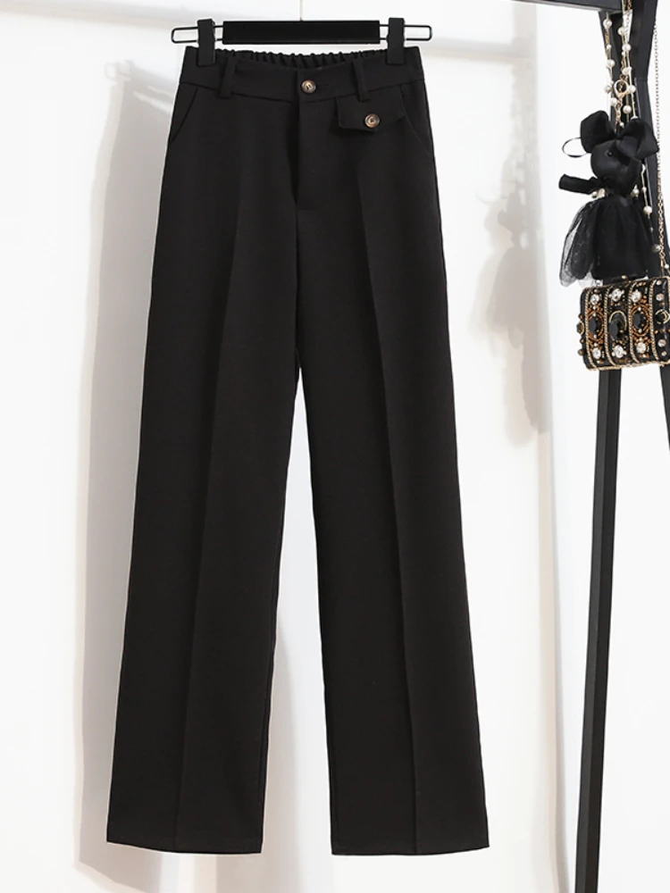 

Autumn Woman Work Pants Streetwear Oversize High Waisted Pockets Pant Fashion Casual Elastic Waist Straight Trousers 2022