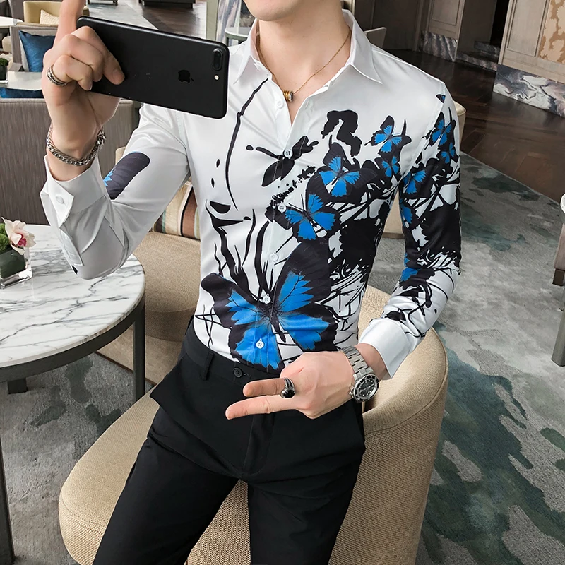 

2022 Men Vintage Floral Print Beach Shirts Casual Button Turn-down Collar Shirt Summer Long Sleeve Tops Mens Fashion Streetwear