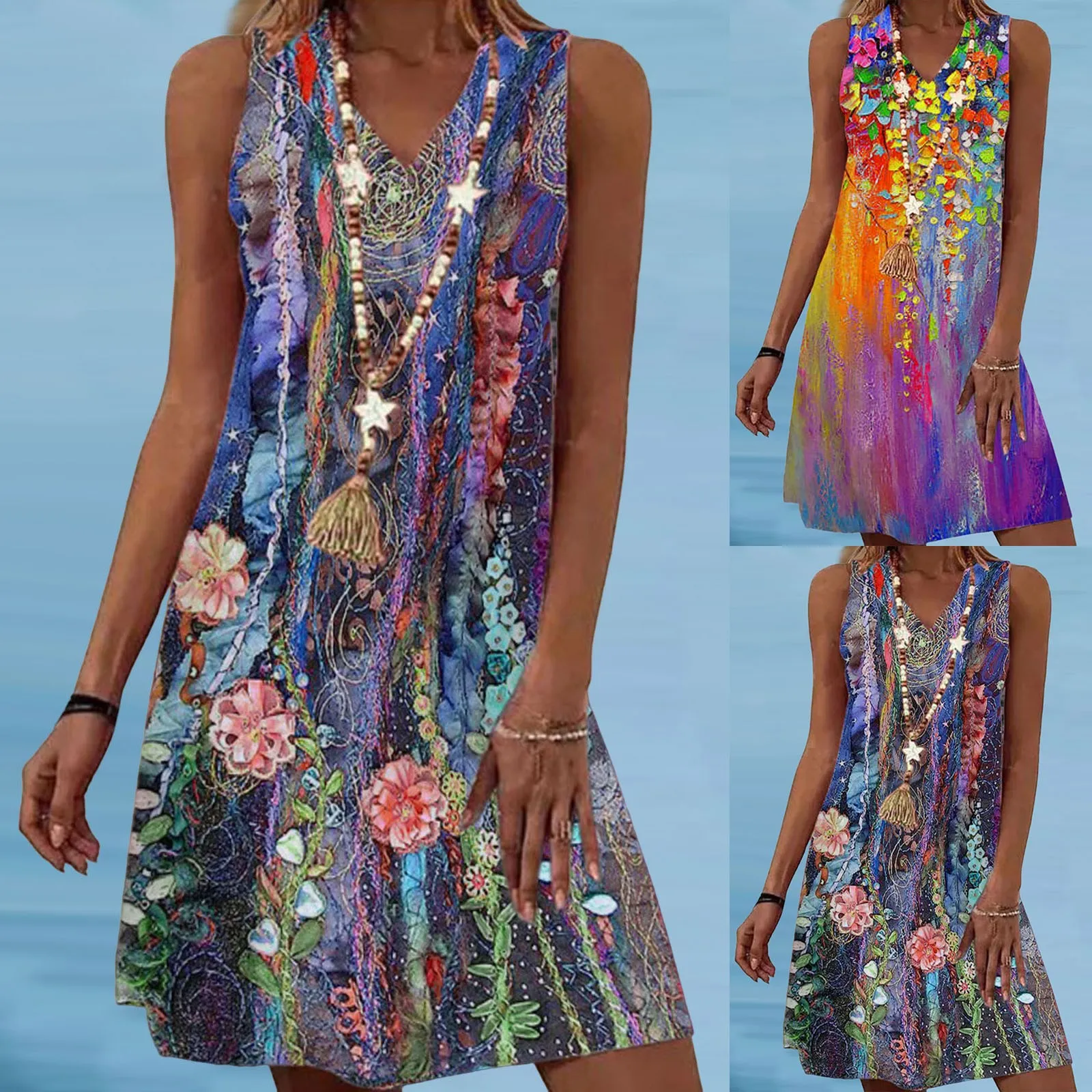 

Женские летние повседневные платья-футболки без рукавов, Пляжное Платье на бретелях с цветочным принтом, свободное платье