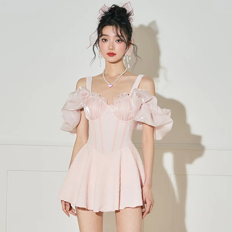 

V-neck Lace-up Beach Bathing Suit Pink Black Women Swimsuit Sexy High Waist Bikini Push Up One Piece Set with Skirt Swimwear