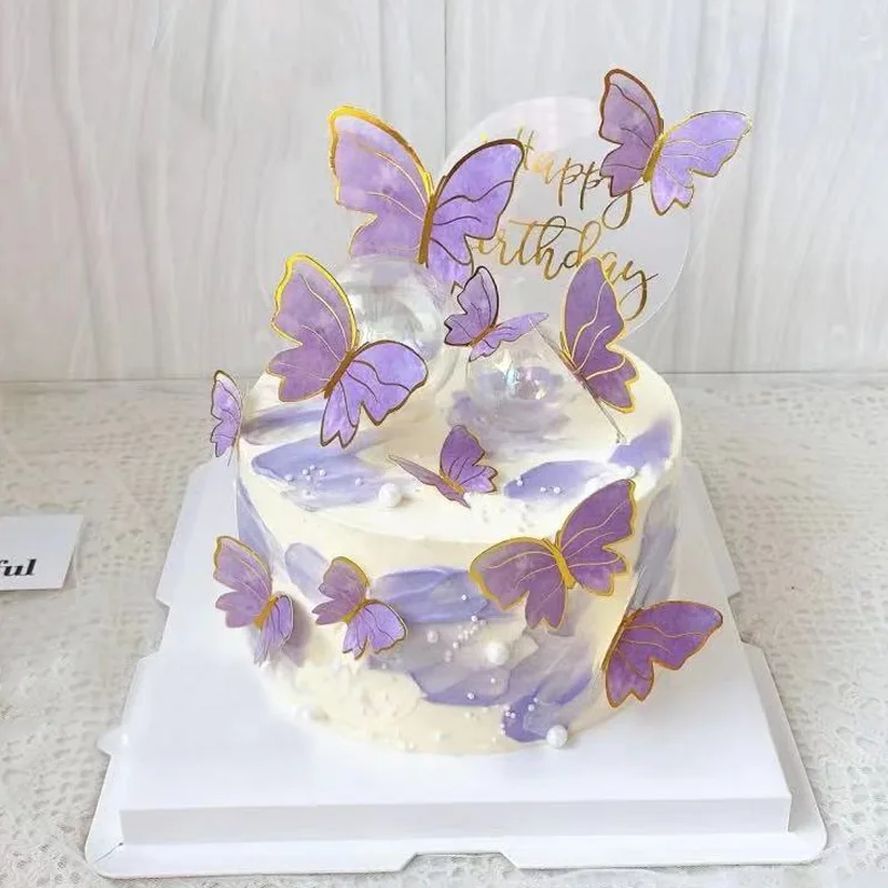 

Purple Pink Butterfly Cake Topped Happy Birthday DIY Cake Decorating Supplies For Baby Shower Wedding Birthday Party Decorations