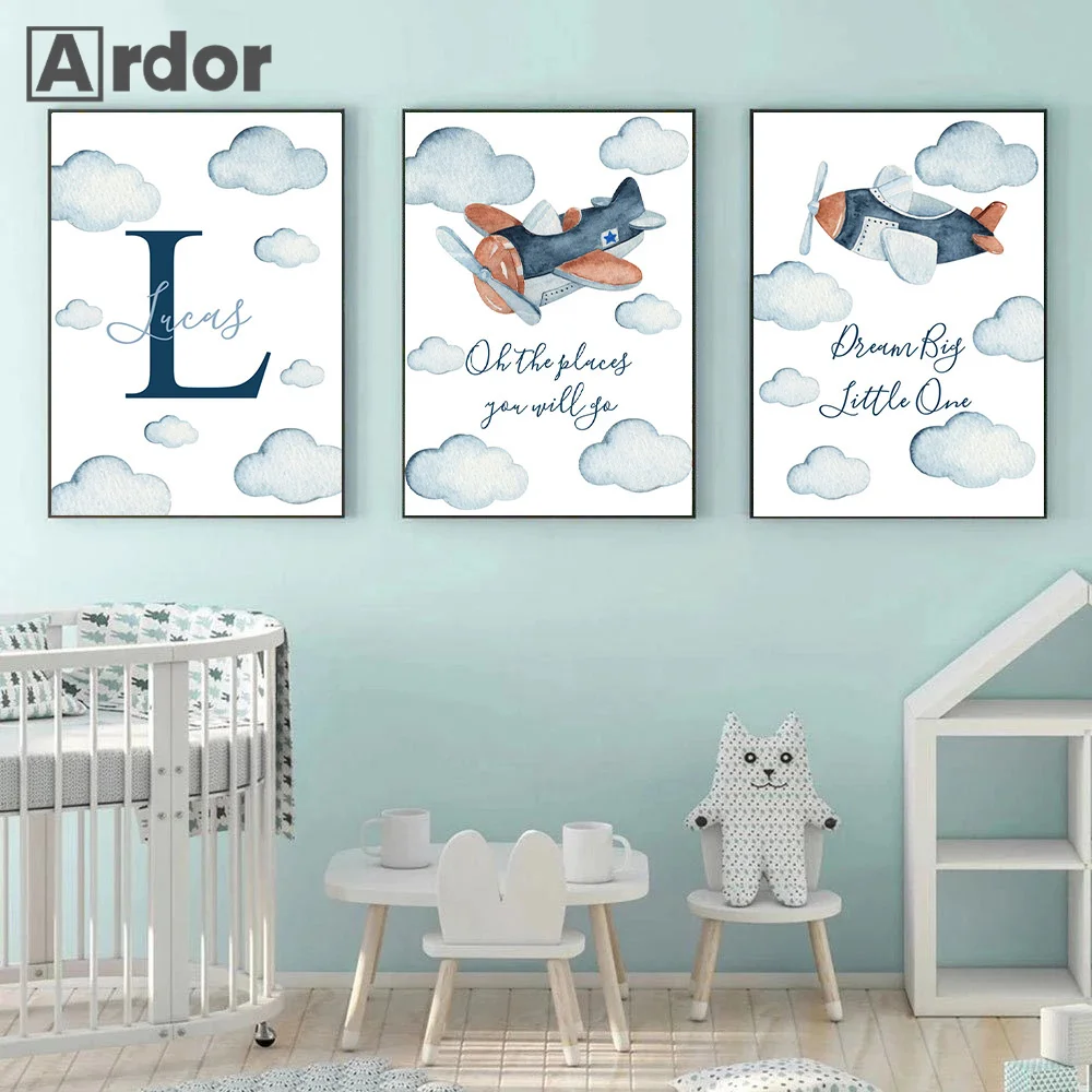

Cartoon Blue Airplane Poster Custom Name Art Painting Nursery Canvas Print Clouds Posters Nordic Wall Pictures Boys Room Decor