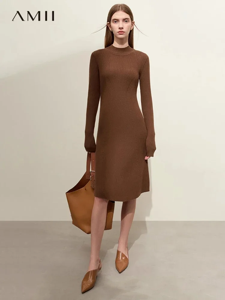 

AMII Minimalist 2023 Dresses For Women Winter New Commuter Basics Half-high Collar Slim-fit Midi Long Sleeve Knit Dress 12344357