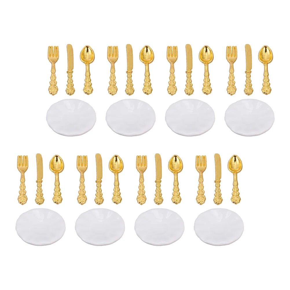 

8 Sets Mini Cutlery Plate Decked Accessories Mini Ceramic Tableware Silverware House Cake Plates Ceramics Mini Dish Set