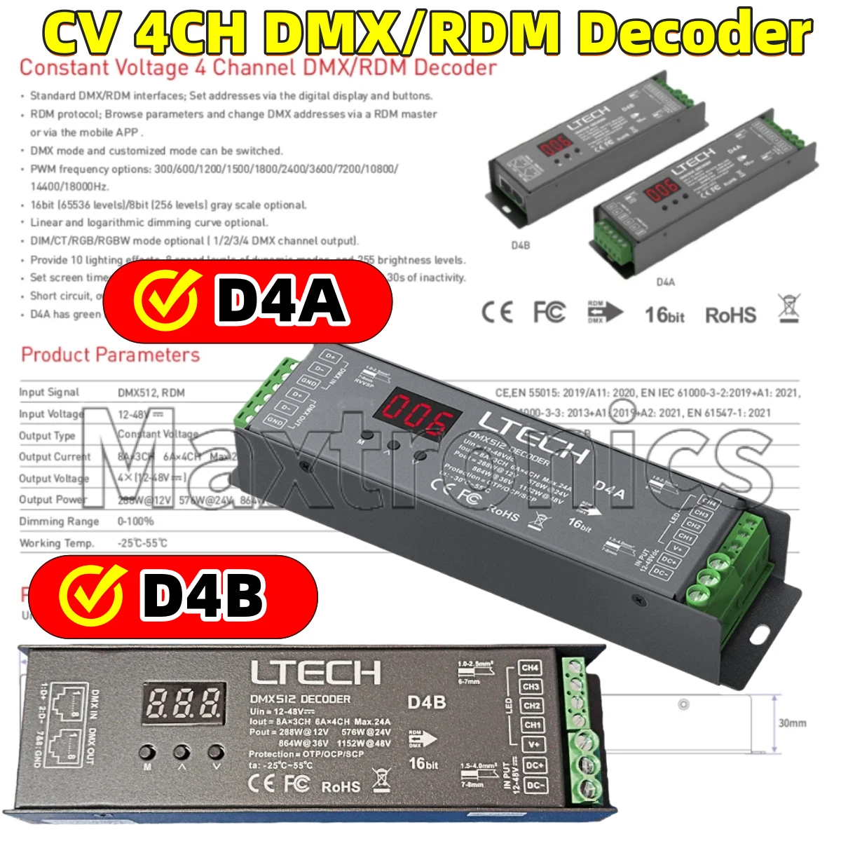 Фото LTECH DMX/RDM декодер DMX512 ведомый зеленый терминал/порт RJ45 4-канальный CV постоянное напряжение DC12-24V 6A/CH 24A (4CH) ЖК-дисплей №2