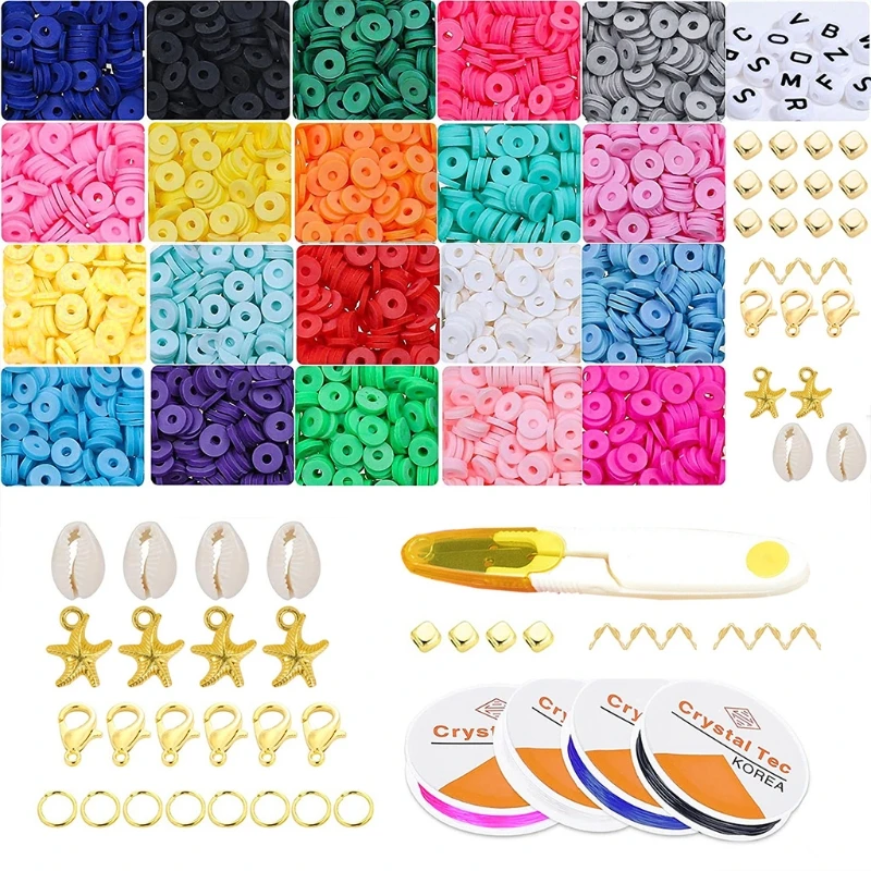 

2XPC Clay Beads Flat Round Polymer Clay Beads DIY Jewelry Marking Kit for Bracelets Necklace Earring Handmade Loose Spacer