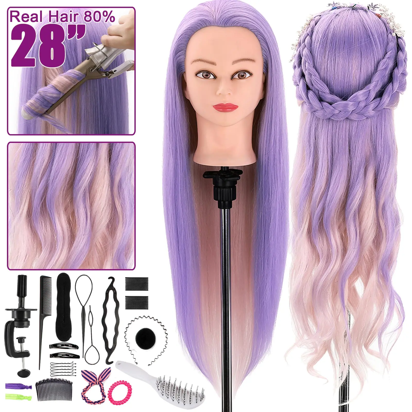 

Mannequin Head with Hair Manikin Practice Real Hair 80% Styling Hairdressing Training Braiding Head 28" Purple Pink Colors