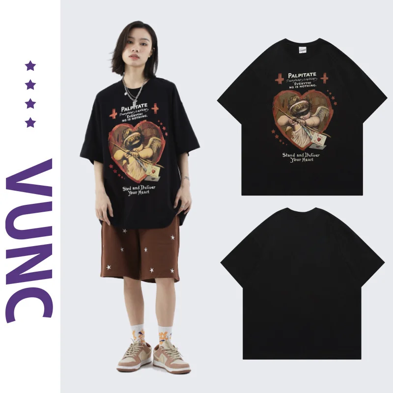 

VUNC Summer American Angel Love Print Long Fleece Cotton Fashion Couple Loose Short Sleeve T-shirt Men's Wear