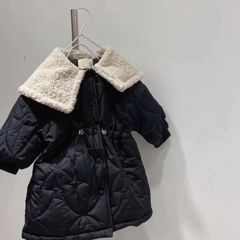 

Стильное новое зимнее утепленное длинное пальто с хлопковой подкладкой для маленьких девочек, Детское пальто, однотонная теплая верхняя одежда принцессы
