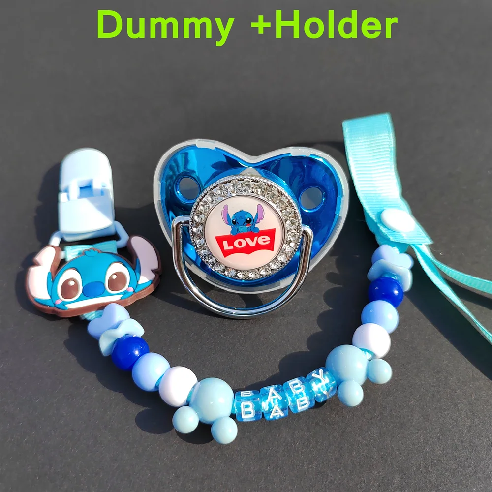 

[ 1 Set ] Lilo & Stitch Cartoon Image Bling Pacifiers for Babies and Beads Silicone Teether for Baby Pacifier Clips Baby Items