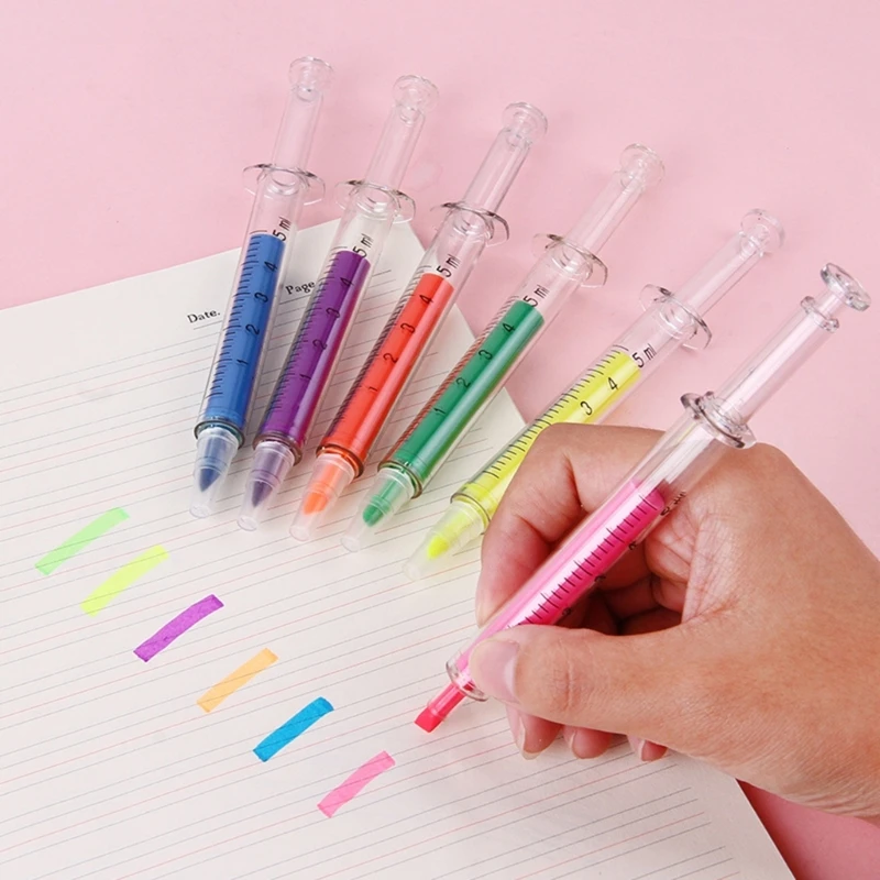 

6 Colors Highlighters Set-Syringe Highlighter Pens No Bleed Highlighter Fluorescent Needle Watercolor Pen for Journals F19E