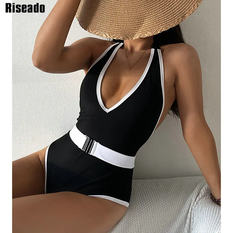 

Riseado Plunging Sexy One Piece Swimsuits 2022 New Contrast Binding Women's Swimwear Belted Monokini Backless Bodysuits Women