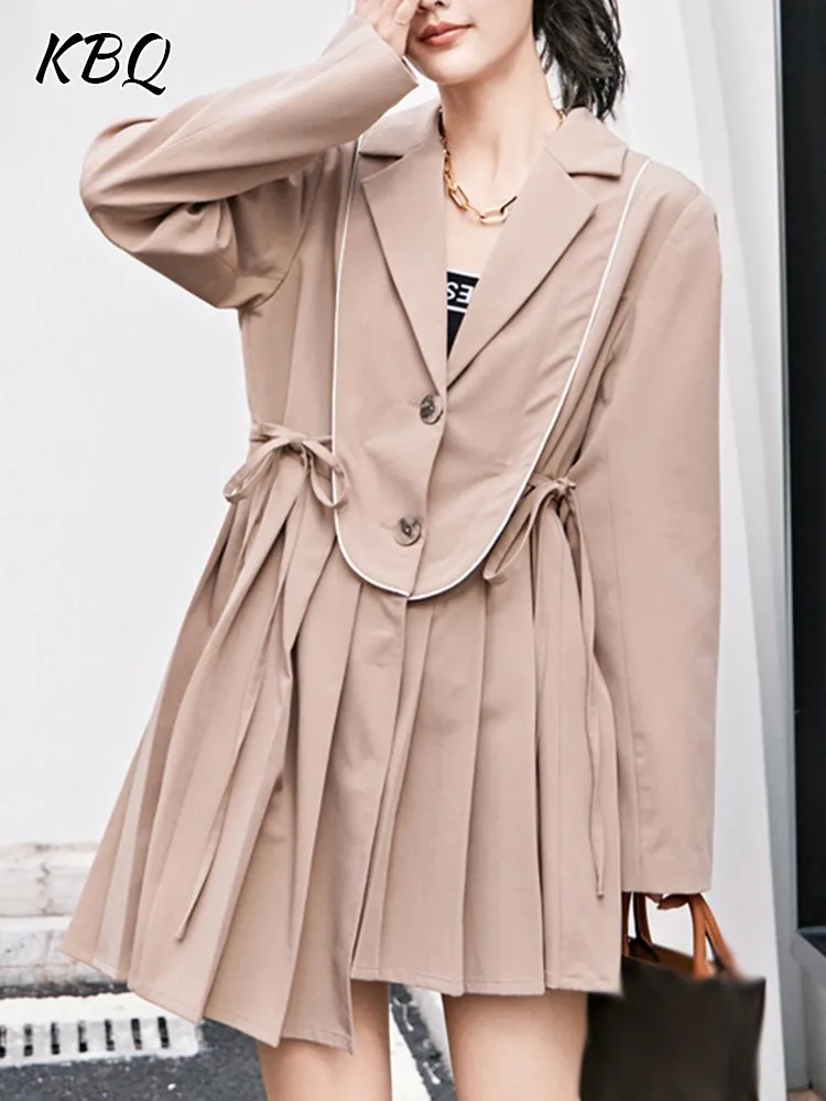 

KBQ Pleated Spliced Lace Up Dresses For Women Lapel Long Sleeve High Waist Slimming Irregular Hem Mini Dress Female Fashion New