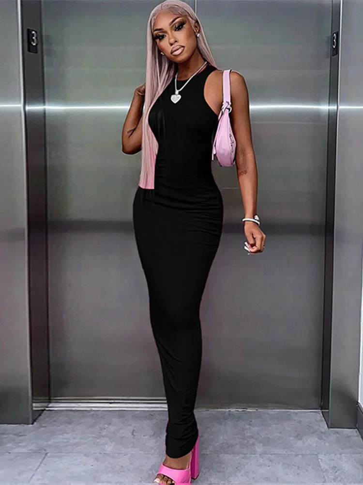 

Women Fashion 2023 Summer Sleeveless Streetwear Bodycon Pink Pencil Long Dress Wholesale Items For Business