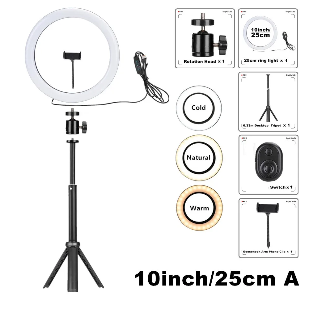 

10inch Selfie Ring Light Photography Led Rim Lamp Mobile Holder Support Tripod Stand Ringlight For Live Video Streaming
