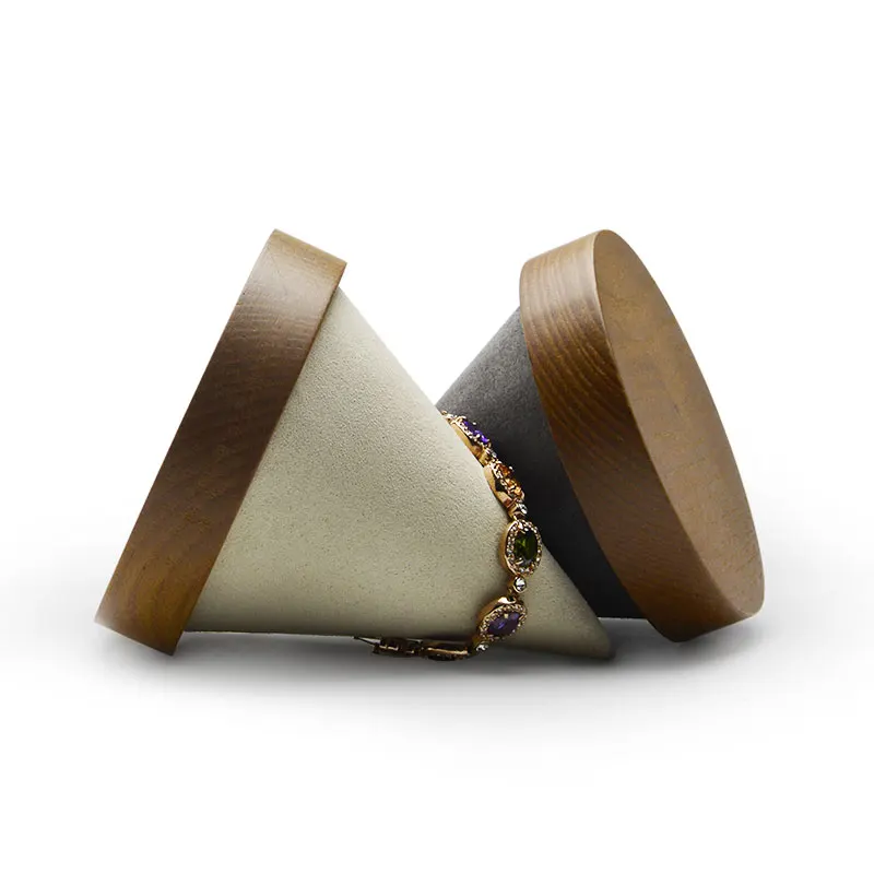 Oirlv Solid Wood Jewelry Holder Beige Gray Conical Wooden Bracelet Display Stand For Chain Bracelet Holder Jewelry Display Rack