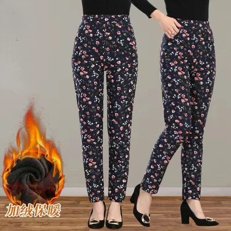 

Winter Warm Fleece Pants Mid Age Women Floral Print Velvet Thickened Leggings Trouser Female Slim High Waist Pencil Pants Q153