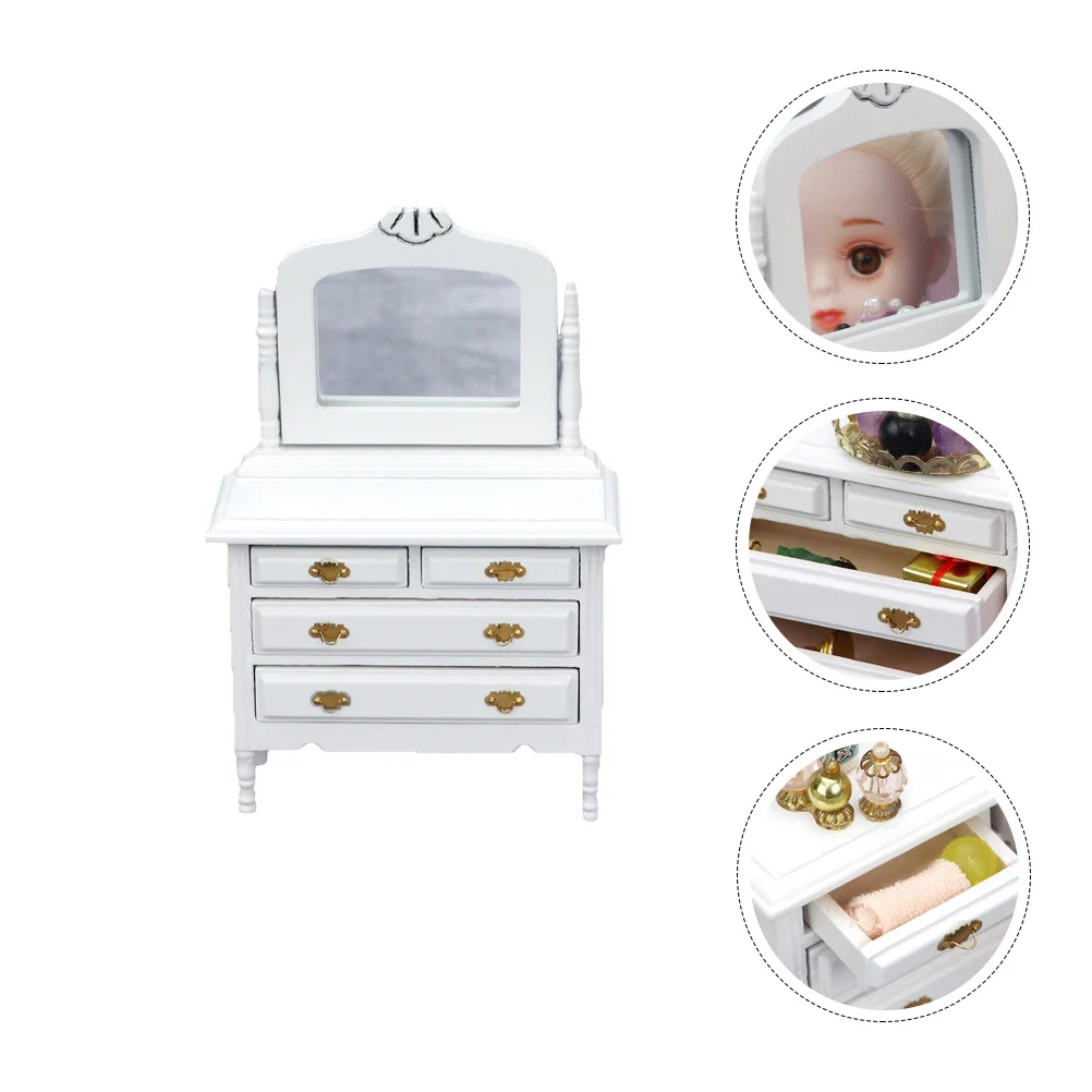 

Drawer Table with Mirror Miniature Cabinet Decoration Accessories for 1: 12 Furniture Model