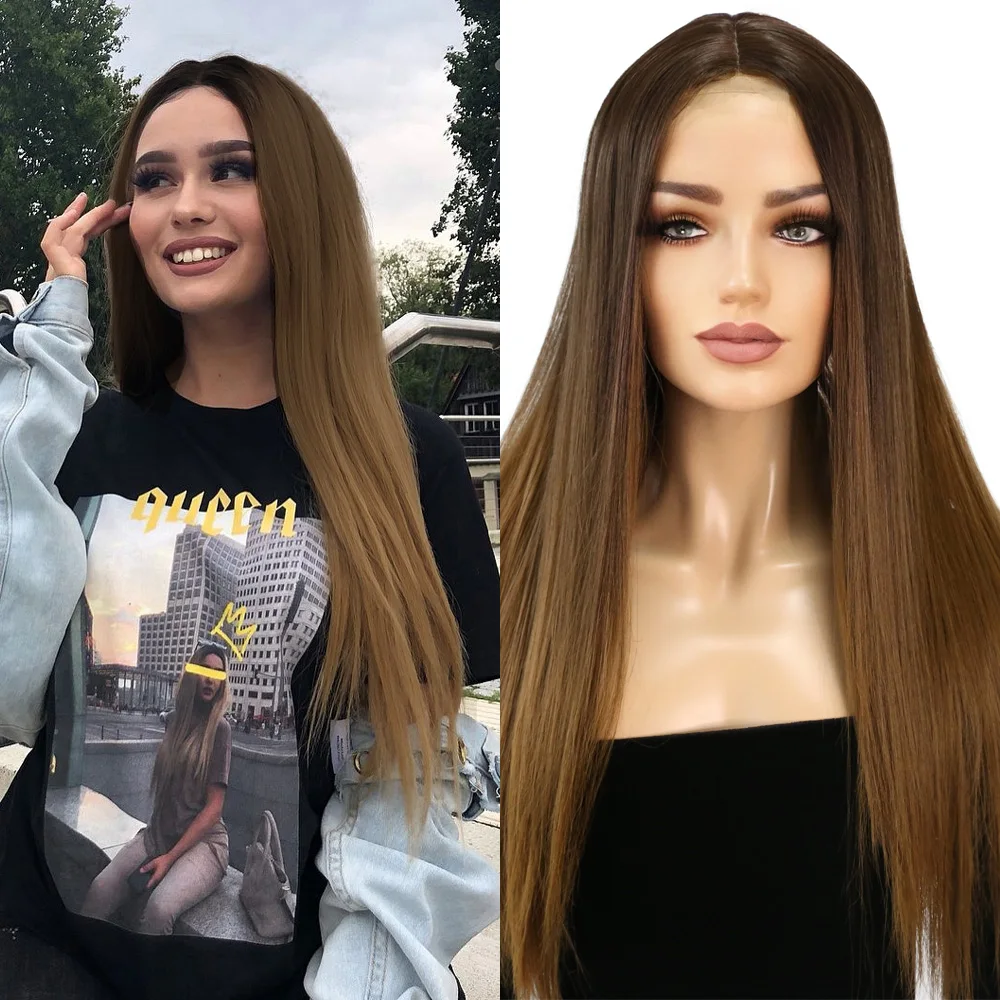 

ORIANE Synthetic Lace Brazilian Wigs For Women Long Silky Straight Brown Color Middle Parting Hair Heat Resistant Cosplay Daily