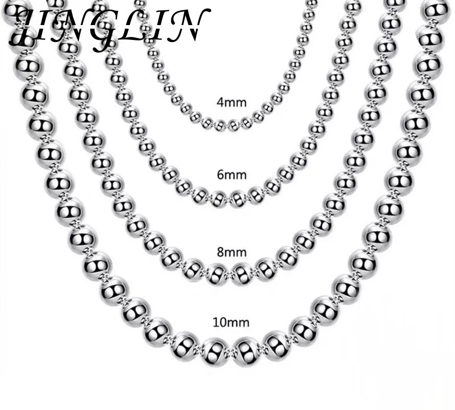 JINGLIN 925 Sterling Silver 4MM/6MM/8MM/10MM Smooth Beads Ball Chain Necklace For Women Men Fashion Jewelry