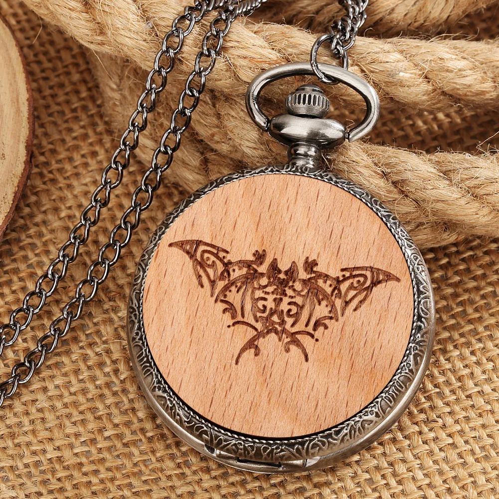 Pocket Watch Necklace Bat Engraved Wood Decorative Pendant Quartz Fob Watch for Men Women Creative Clock Gifts Relógio De Bolso