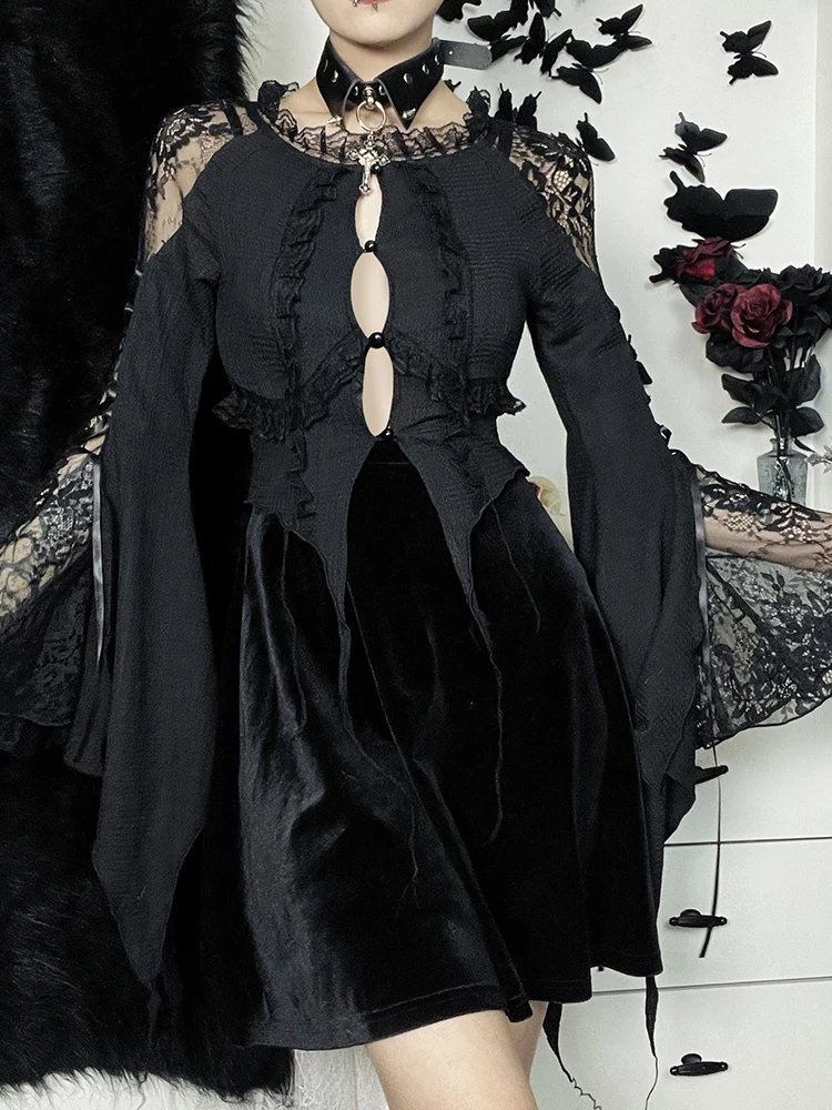 

Винтажный укороченный топ Y2K с вырезом, асимметричные кружевные прозрачные цветочные плиссированные сексуальные футболки с расклешенным р...