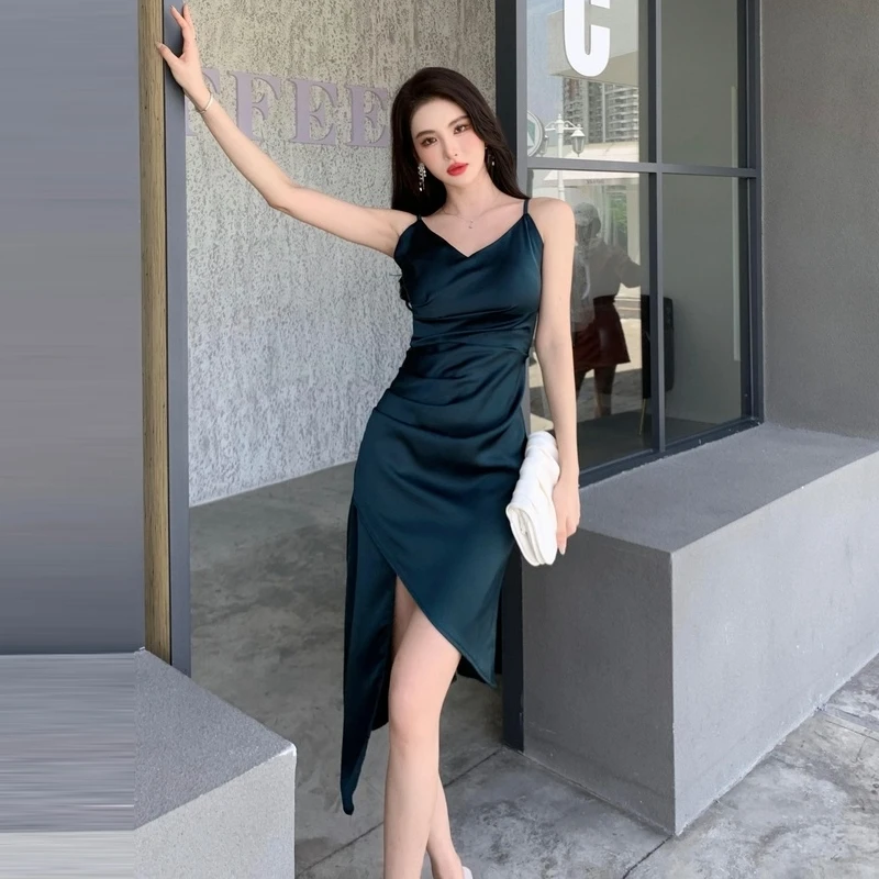 

Summer Women's Dress 2021 French Style Pleated Spaghetti Strap High Waist V-Neck Wine Red Avocado Green Dresses Dropshipping