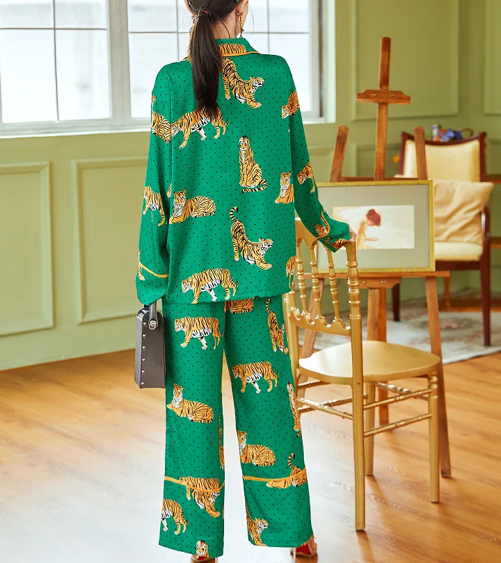 Tiger Premium Ice Silk Pajamas Women's Long Sleeve Pants New pigiami donna  pjamas for women