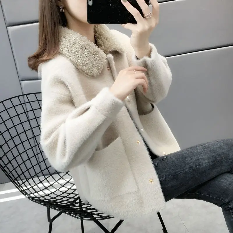 

New Women Spring Autumn Imitation Mink Cardigan Coat Female Fashion Casual Long Sleeve Plush Knit Sweater Outerwear Large Size