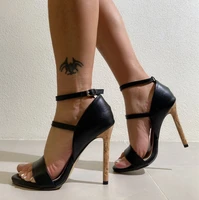 new fashion sexy design women narrow band buckle thin high heels black faux pu open toe dress sandals shoe zapatos de mujer