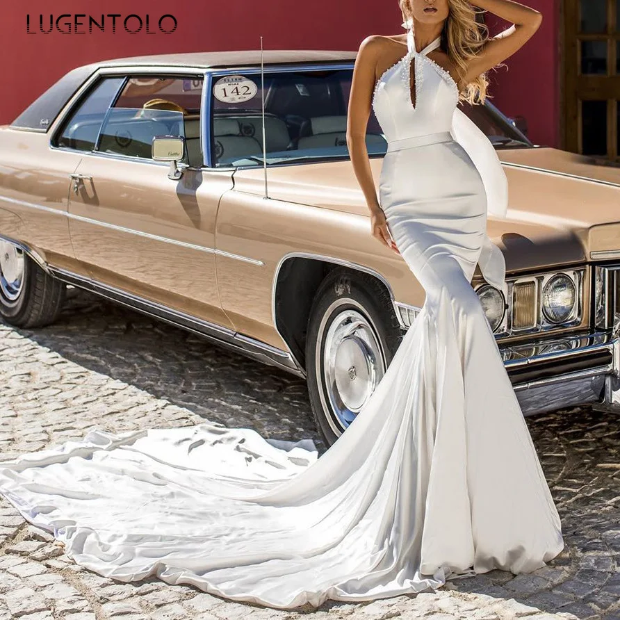 

Женское платье с лямкой на шее Lugentolo, сексуальное облегающее элегантное платье с юбкой-годе, с жемчужинами и открытой спиной, банкетное платье без рукавов