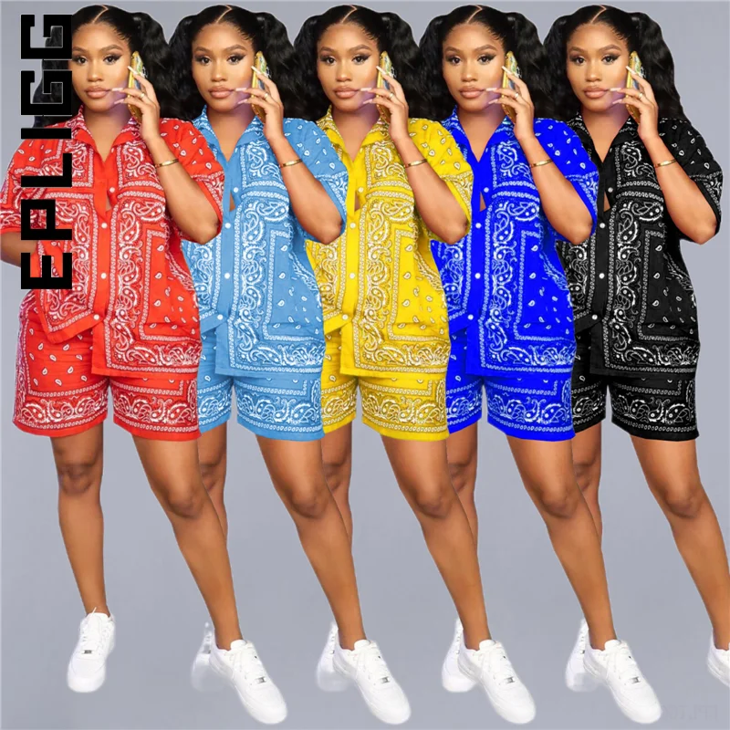 

Epligg Women Set New Retro Short Pants Paisley Bandana Print Two Piece Sets Sportswear Elegant Female Sweatsuits For Women