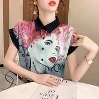 summer womens blouse bat short sleeve top korean fashion y2k viscose printing loose polo shirt houthion