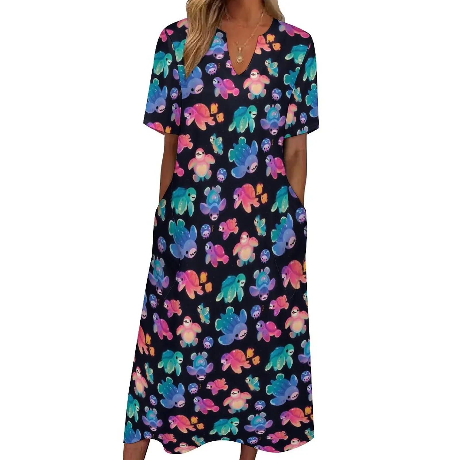 

Cute Sea Turtle Dress Colorful Animal Sexy Maxi Dress Street Style Boho Beach Long Dresses Summer V Neck Custom Vestido Big Size