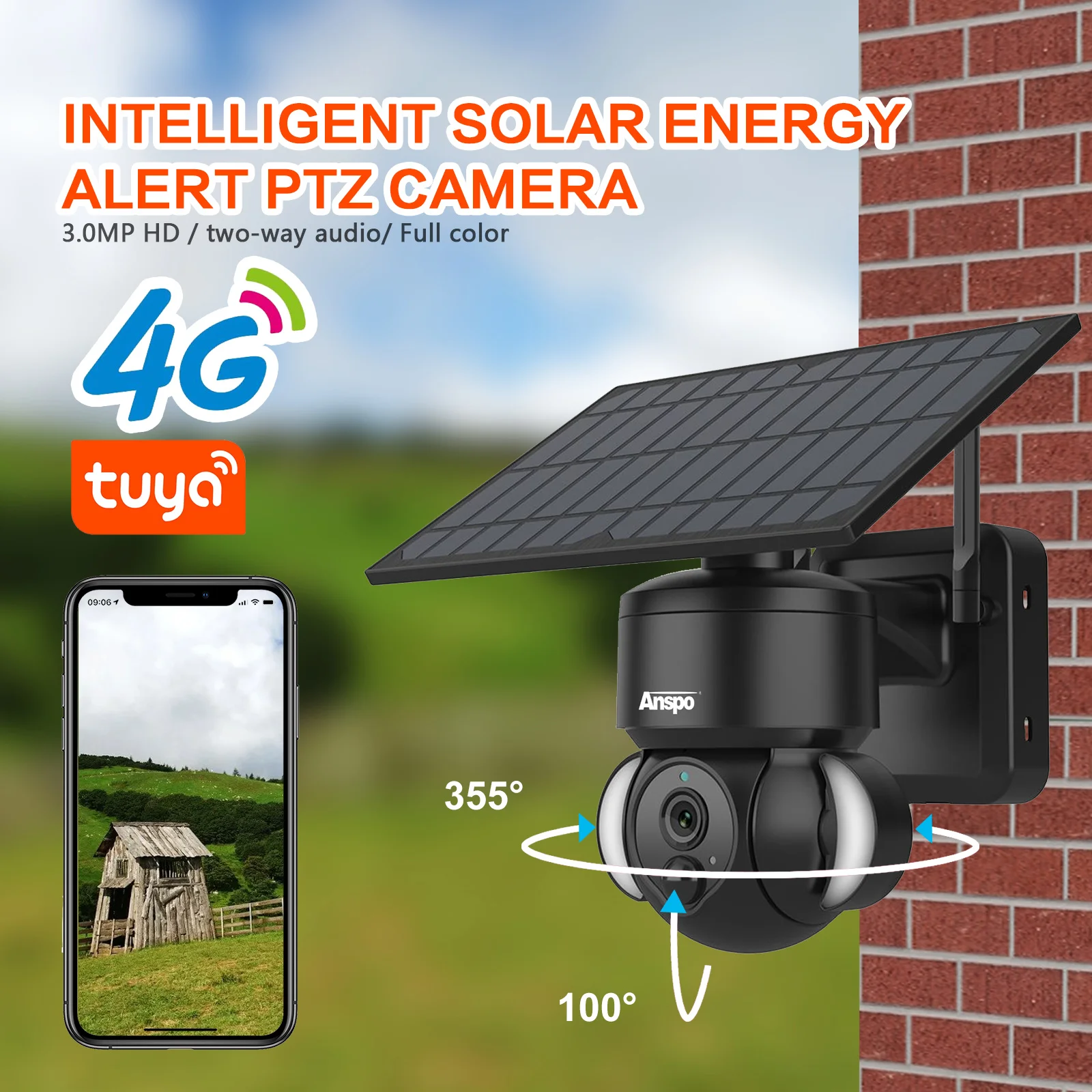 Tuya 3MP Outdoor Solar Battery Powered PTZ Black Camera 4G Night Vision PIR Wireless Security Cam CCTV W/64G SD Card