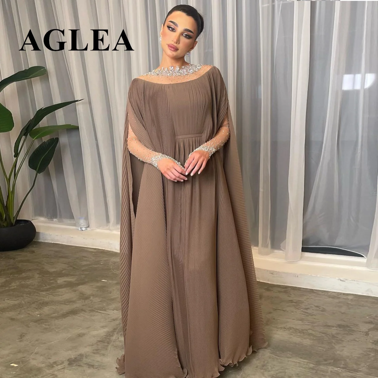 

AGLEA 2023 Vintage Long Sleeves Beadings O-Neck Prom Dresses Pleated Chiffon Floor Length vestidos de novia Formal Party Dresses