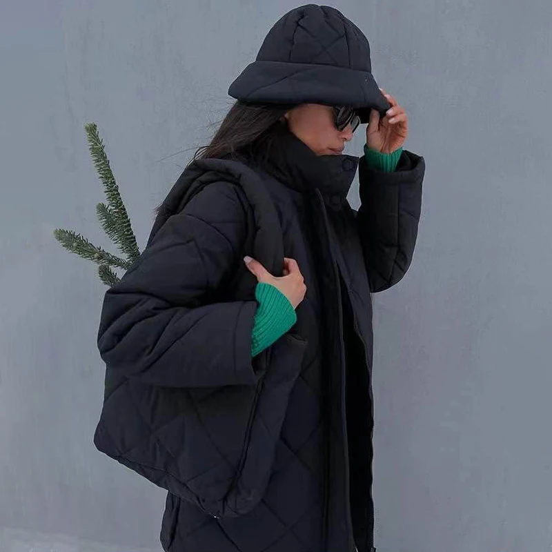 Ardm Casual High Collar With Rhombus Pattern Coat Long Sleeve Top Winter Jacket Women 2022 Parkas Straight Down Cotton Outwear