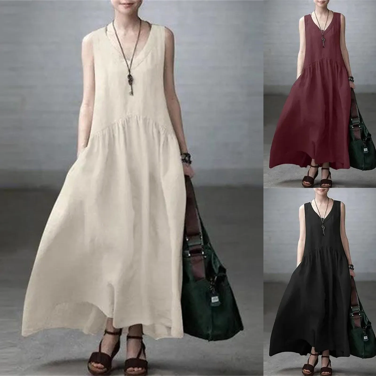 

Women's Summer 2023 Casual Sleeveless Tank Dress V Neck Swing Sundress Flowy Tiered Maxi Beach Knit Dress Women Comfy Dress