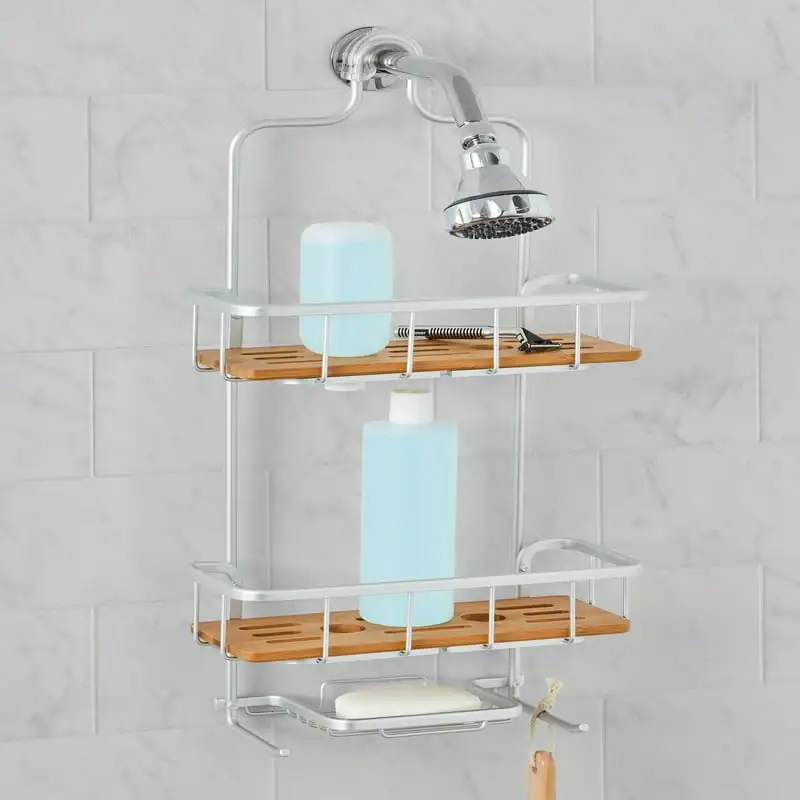

Proof Aluminum Shower Caddy with Bamboo Shelves, Satin Chrome