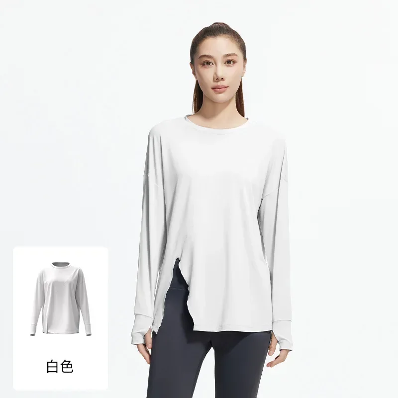 Women's Yoga Suit U Neck Front Slit Top Long Sleeve Breathable T-Shirt Lightweight Loose Pilates Fitness Cover Up Autumn
