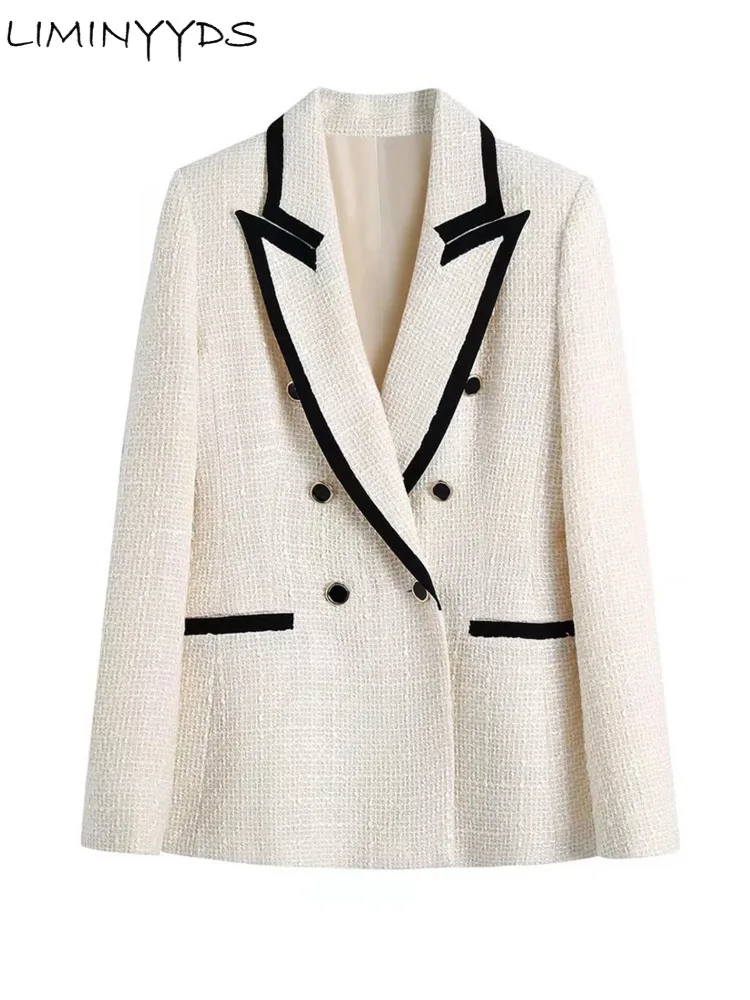 2023  New Women Fashion Double Breasted Tweed Blazer Coat Vintage Long Sleeve Pockets Female Outerwear Chic Jacket