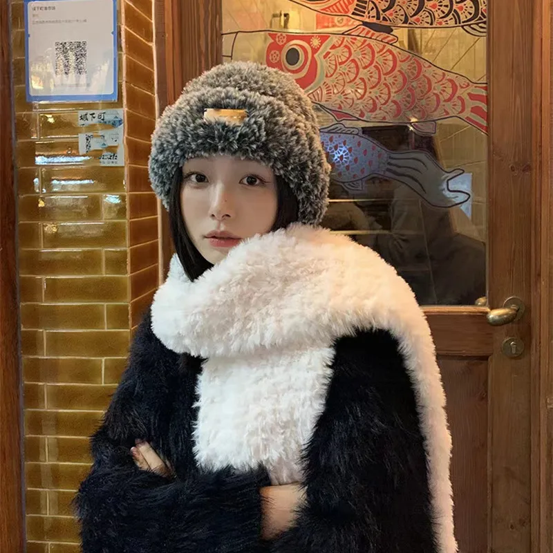 

Plush Hats Big Head Circumference Hat Unisex Plush Knitted Beanies Women's Winter Imitation Fur Bonnets Thickened Warm Cap