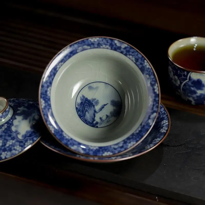 Jingdezhen Firewood Kiln Blue and White Porcelain Gaiwan Suit Cover Bowl Set Not Scald Single Brewing