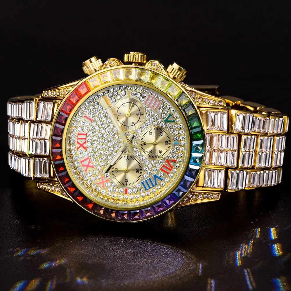 

New 42MM Classic Hardlex Gold Watch Brand Luxury chronograph Stopwatch Rainbow Diamond Bezel Men's Watches Fashion Wristwatch