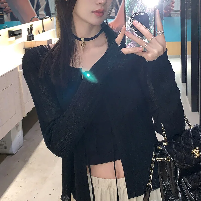 Летний тонкий вязаный кардиган женский тюлевой рубашка без рукавов из ледяного